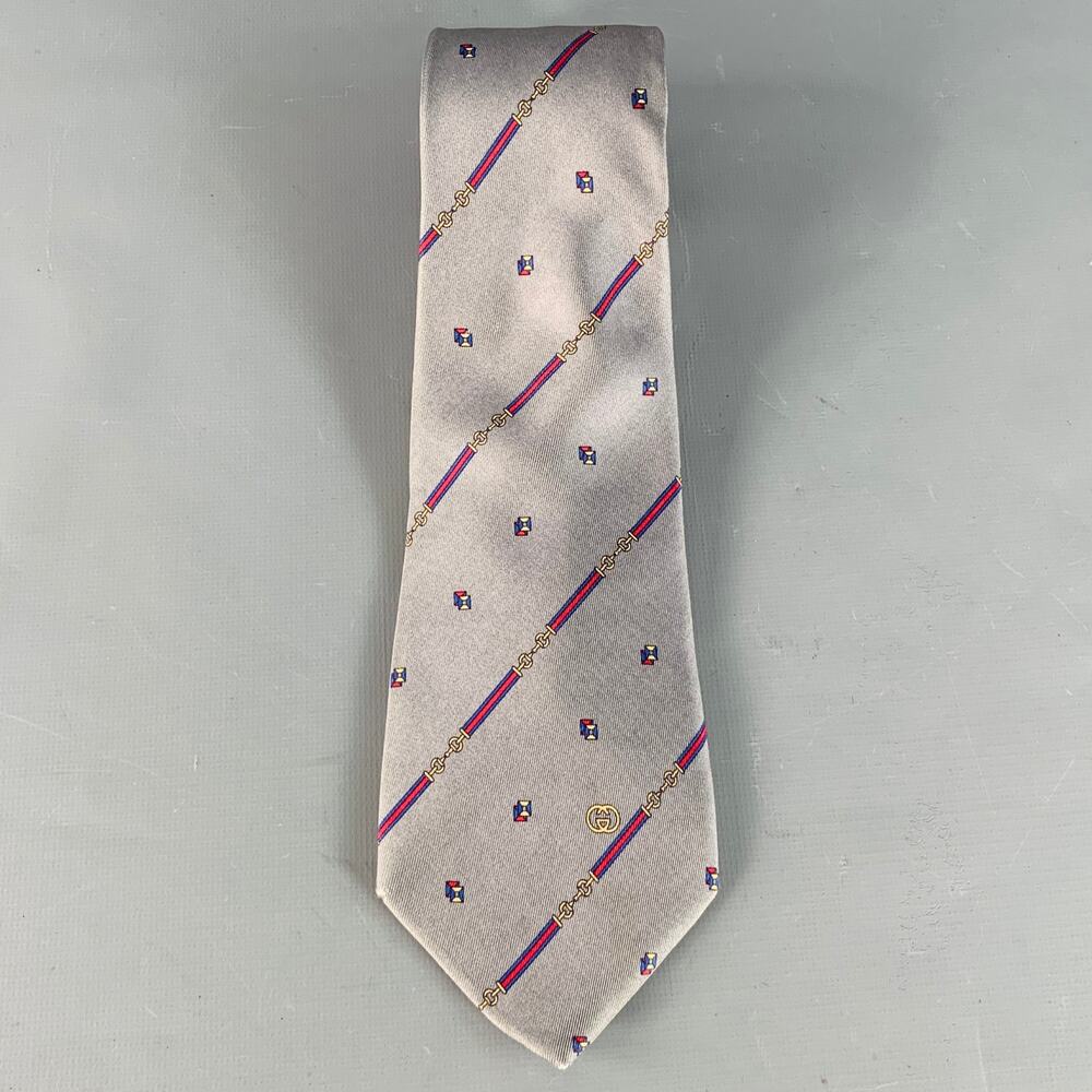 GUCCI Vintage Slate Grey Red Horsebit Diagonal Stripe Silk Tie - Picture 2 of 5